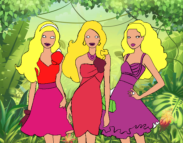 Dibujo Barbie y sus amigas vestidas de fiesta pintado por vanesacorp