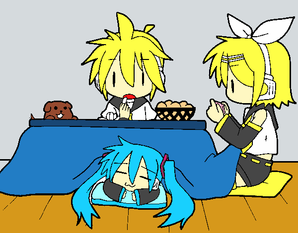 Dibujo Miku, Rin y Len desayunando pintado por estercho 