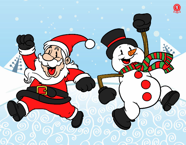 Dibujo Santa Claus y muñeco de nieve saltando pintado por santy15