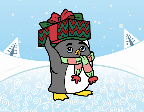 Dibujo Pingüino con regalo de Navidad pintado por naty02