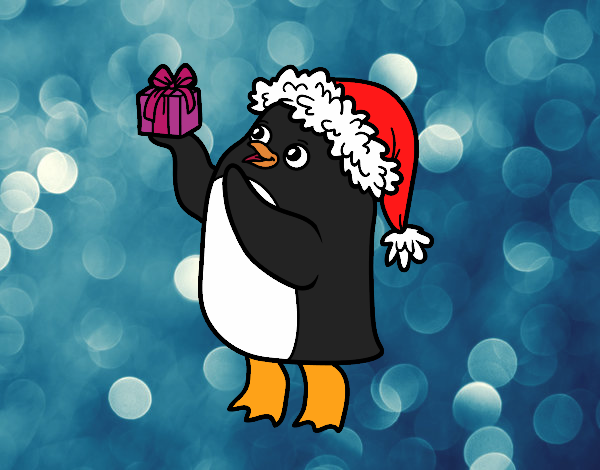 Pingüino con gorro y regalo de Navidad