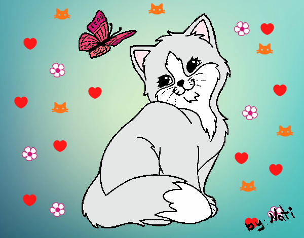 Dibujo Gatito y mariposa pintado por yussette 