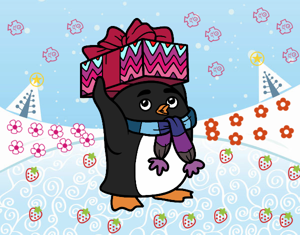 Dibujo Pingüino con regalo de Navidad pintado por diamante-8