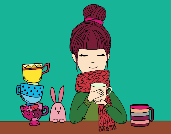 Dibujo Chica con bufanda y taza de té pintado por Danielasla