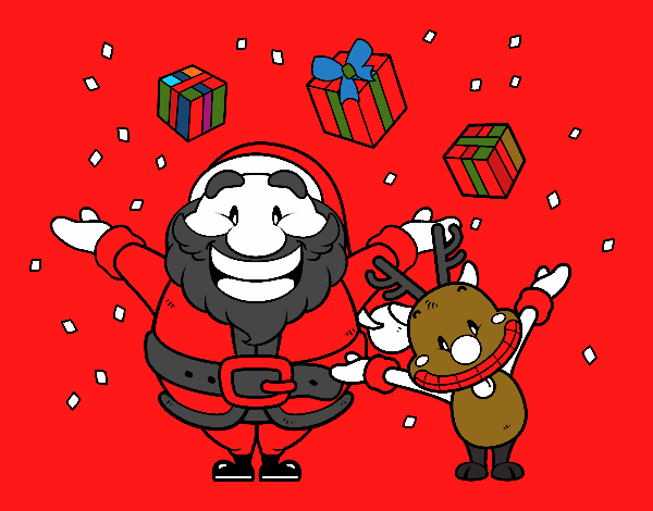 Santa y reno con regalos