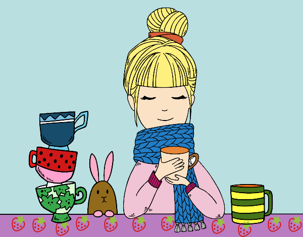 Dibujo Chica con bufanda y taza de té pintado por mariacorte