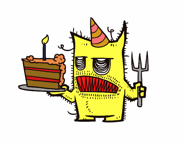 Dibujo Monstruo con tarta de cumpleaños pintado por Joaninha