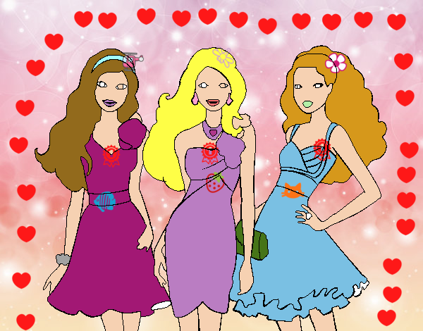 Dibujo Barbie y sus amigas vestidas de fiesta pintado por carrusel