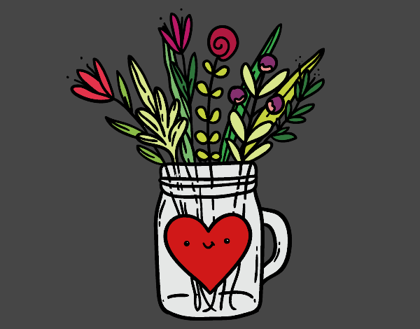 Bote con flores silvestres y un corazón