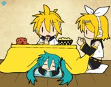 Dibujo Miku, Rin y Len desayunando pintado por VocaFan39