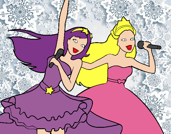Dibujo Barbie y la princesa cantando pintado por carrusel