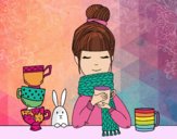 Dibujo Chica con bufanda y taza de té pintado por yaji