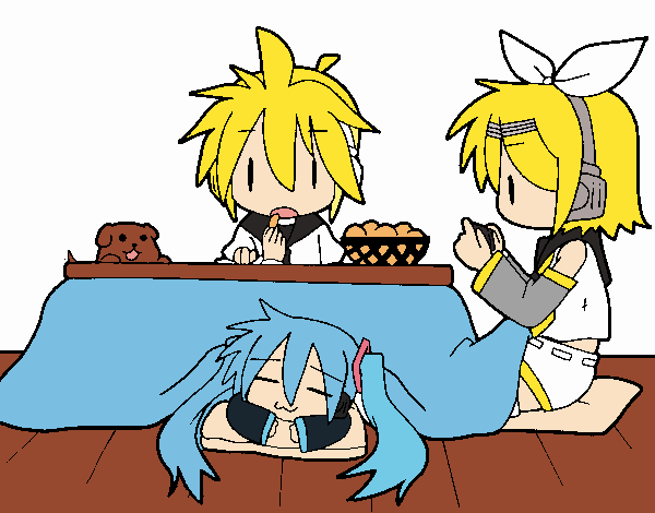 Dibujo Miku, Rin y Len desayunando pintado por Nina001