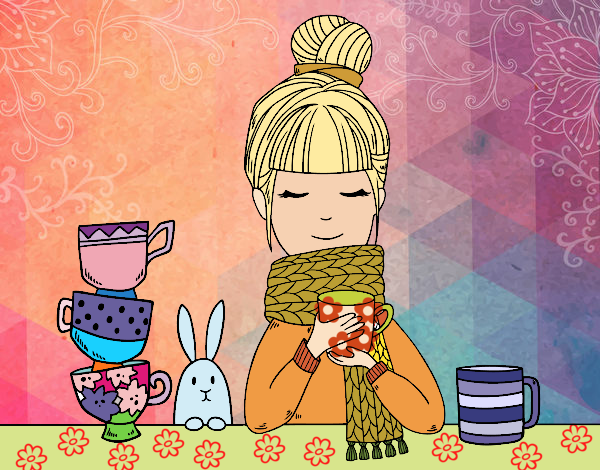 Dibujo Chica con bufanda y taza de té pintado por luisasol