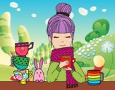 Dibujo Chica con bufanda y taza de té pintado por martavv