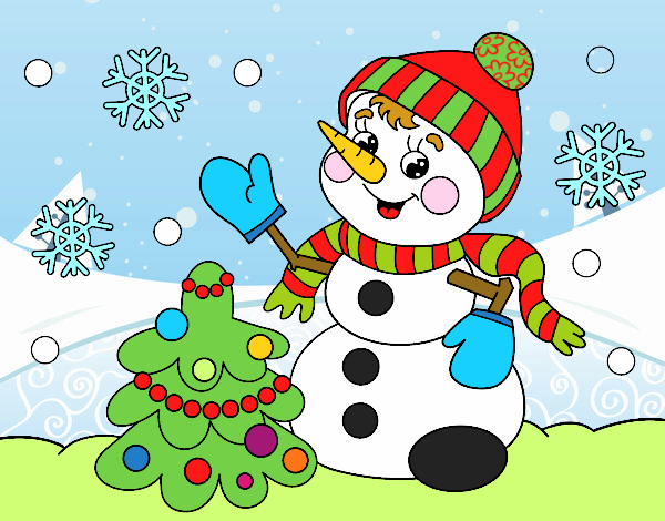 Dibujo Postal de Navidad muñeco de nieve pintado por MariaMc