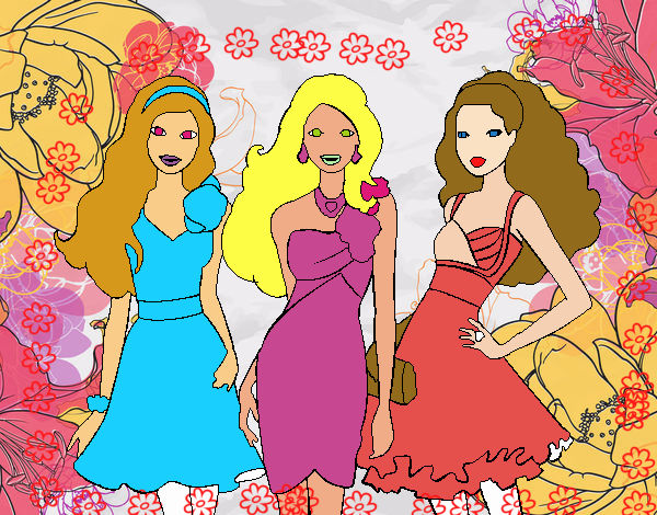 Dibujo Barbie y sus amigas vestidas de fiesta pintado por carrusel