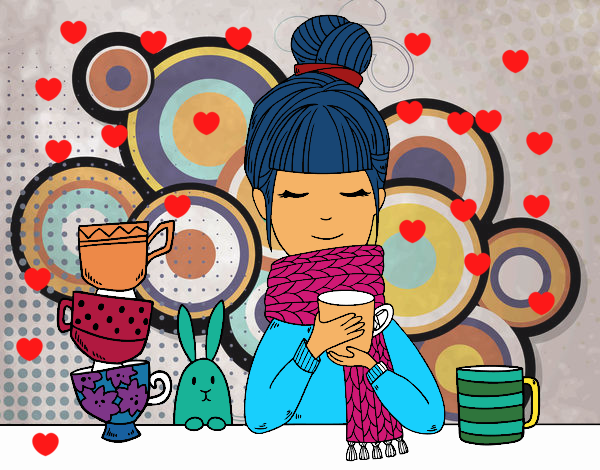 Dibujo Chica con bufanda y taza de té pintado por DALAS