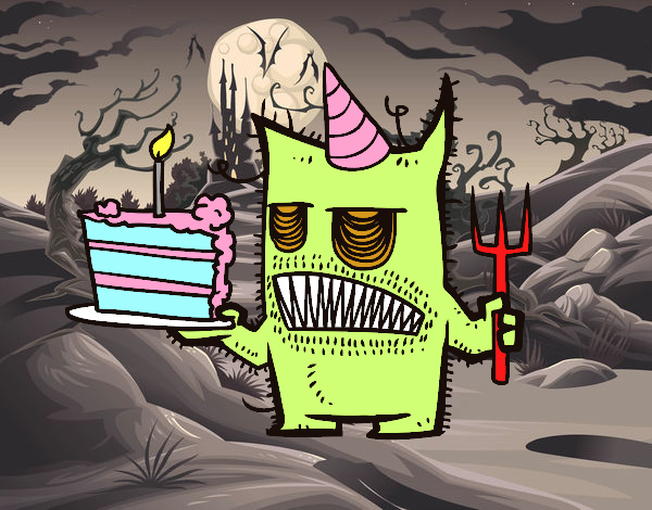 Dibujo Monstruo con tarta de cumpleaños pintado por hermasa 