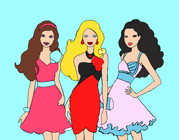 Dibujo Barbie y sus amigas vestidas de fiesta pintado por Eduanyelis