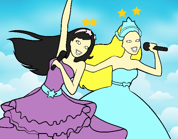 Dibujo Barbie y la princesa cantando pintado por hermanasmu
