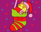 Dibujo Gatito durmiendo en un calcetín de Navidad pintado por kariangeli