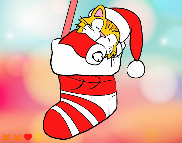 Dibujo Gatito durmiendo en un calcetín de Navidad pintado por adrinette1