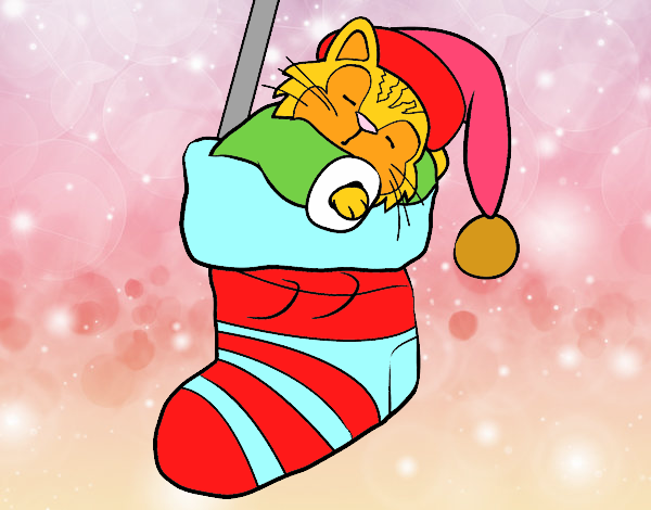 Dibujo Gatito durmiendo en un calcetín de Navidad pintado por yafarfanit