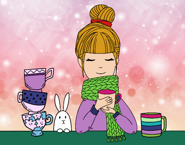 Dibujo Chica con bufanda y taza de té pintado por soreliz