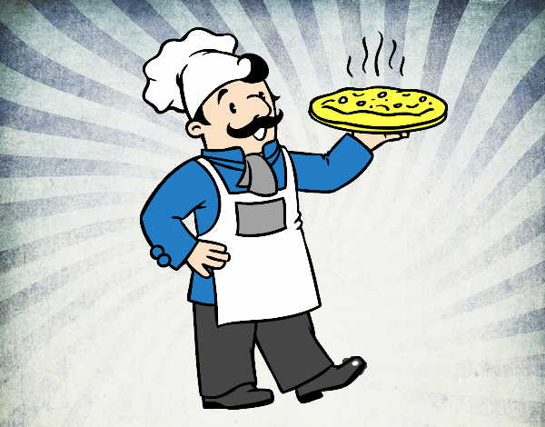 un chef sirviendo una pizza