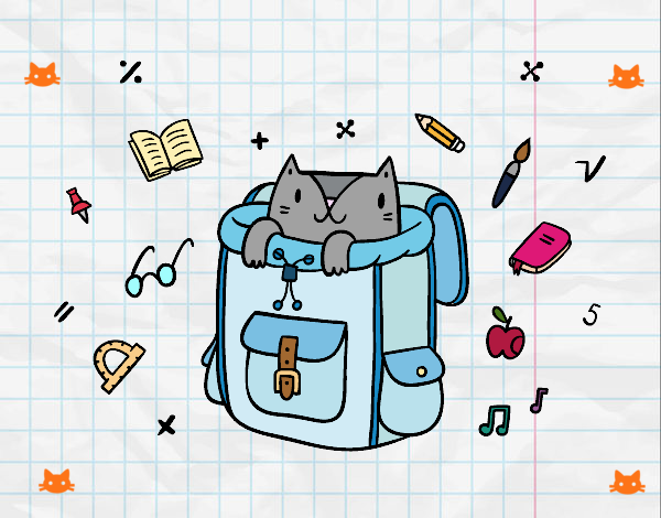 gato se esconde en una mochila de una escuela