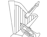 Dibujo de Arpa, flauta y trompeta para colorear