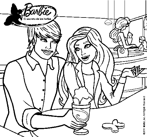 Dibujo de Barbie y su amigo en la heladería para Colorear