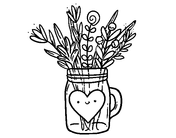 Dibujo de Bote con flores silvestres y un corazón para Colorear