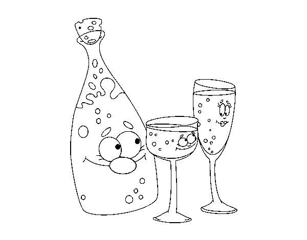 Dibujo de Botella de Champán y copas para Colorear