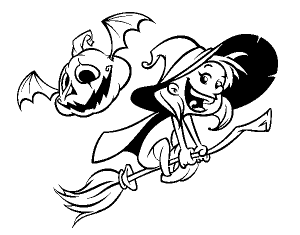 Dibujo de Brujita y calabaza de Halloween para Colorear