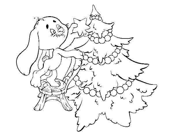 Dibujo de Conejo decorando el árbol de navidad para Colorear