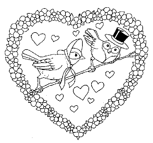 Dibujo de Corazón con pájaros para Colorear