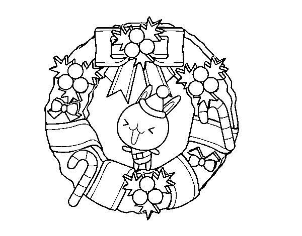 Dibujo de Corona navideña y conejito para Colorear