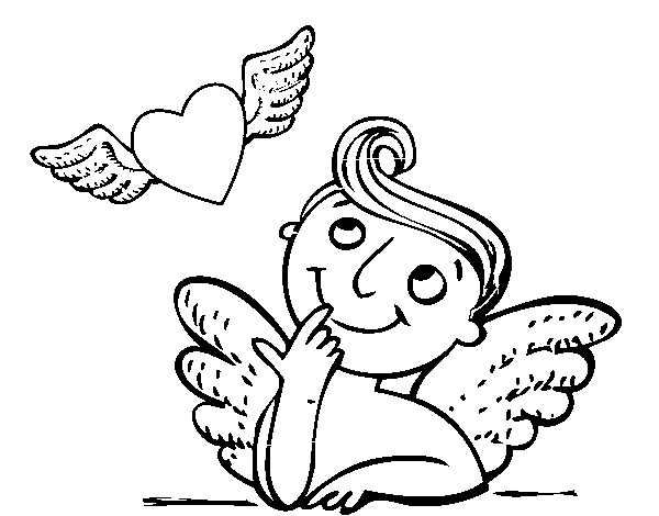 Dibujo de Cupido y corazón con alas para Colorear