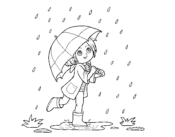 Dibujo de Niña con paraguas bajo la lluvia para Colorear