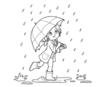 Dibujo de Niña con paraguas bajo la lluvia para colorear