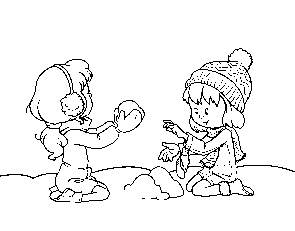 Dibujo de Niñas jugando con la nieve para Colorear