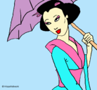 Dibujo Geisha con paraguas pintado por snoopy