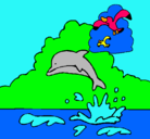 Dibujo Delfín y gaviota pintado por Karla