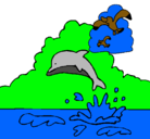 Dibujo Delfín y gaviota pintado por yely