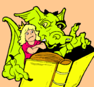 Dibujo Dragón, chica y libro pintado por EhombreLOboX