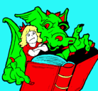 Dibujo Dragón, chica y libro pintado por sara