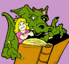 Dibujo Dragón, chica y libro pintado por Andrea