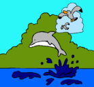 Dibujo Delfín y gaviota pintado por alex